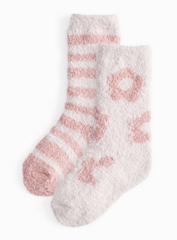 Pink Flower & Stripe Fluffy Socks 2 Pack 12.5-3.5